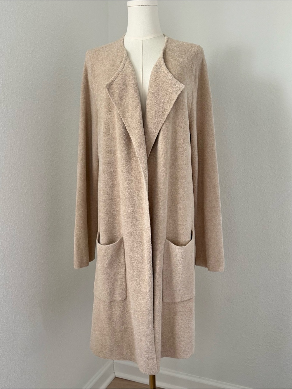Barefoot Dreams CozyChic Ultra Lite Open Front Cardigan Duster Pockets Beige Med